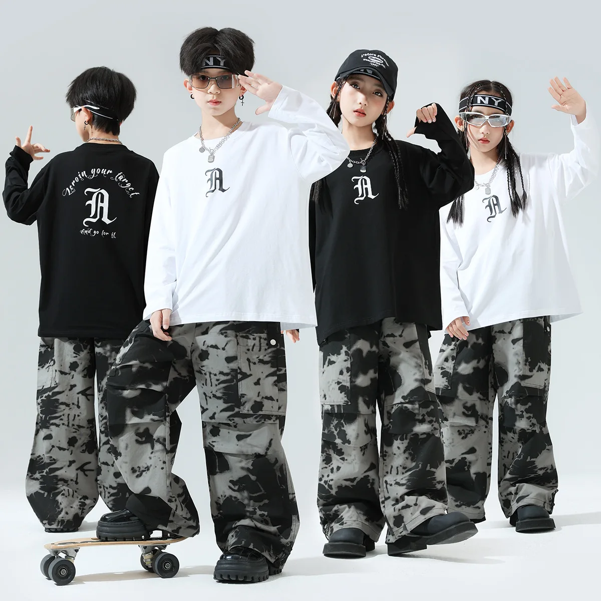 

Kid Kpop Hip Hop Clothing White Black Letters Sweatshirt Camo Casual Cargo Baggy Pants for Girl Boy Dance Wear Costumes Clothes