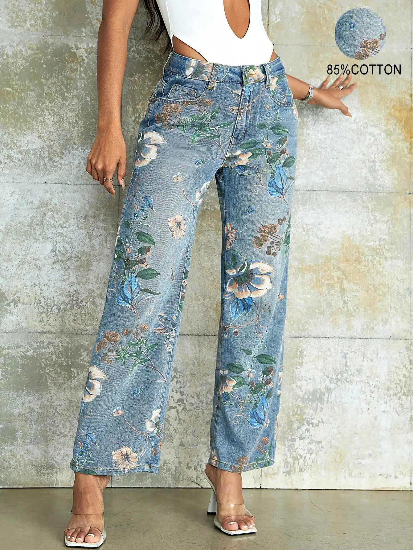 90s Vintage Floral Print High Waist Slant Pocket Wide Leg Jean Casual Street Hottie Outfit