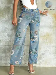 90s Vintage Floral Print High Waist Slant Pocket Wide Leg Jean Casual Street Hottie Outfit