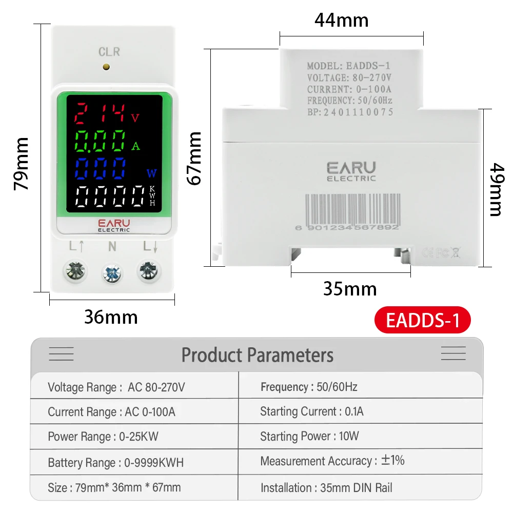 100A AC 50-300V Din Rail Electricity Digital Power Energy Meter Watt Kwh Wattmeter Monitor Ammeter Voltmeter With Energy Zeroing