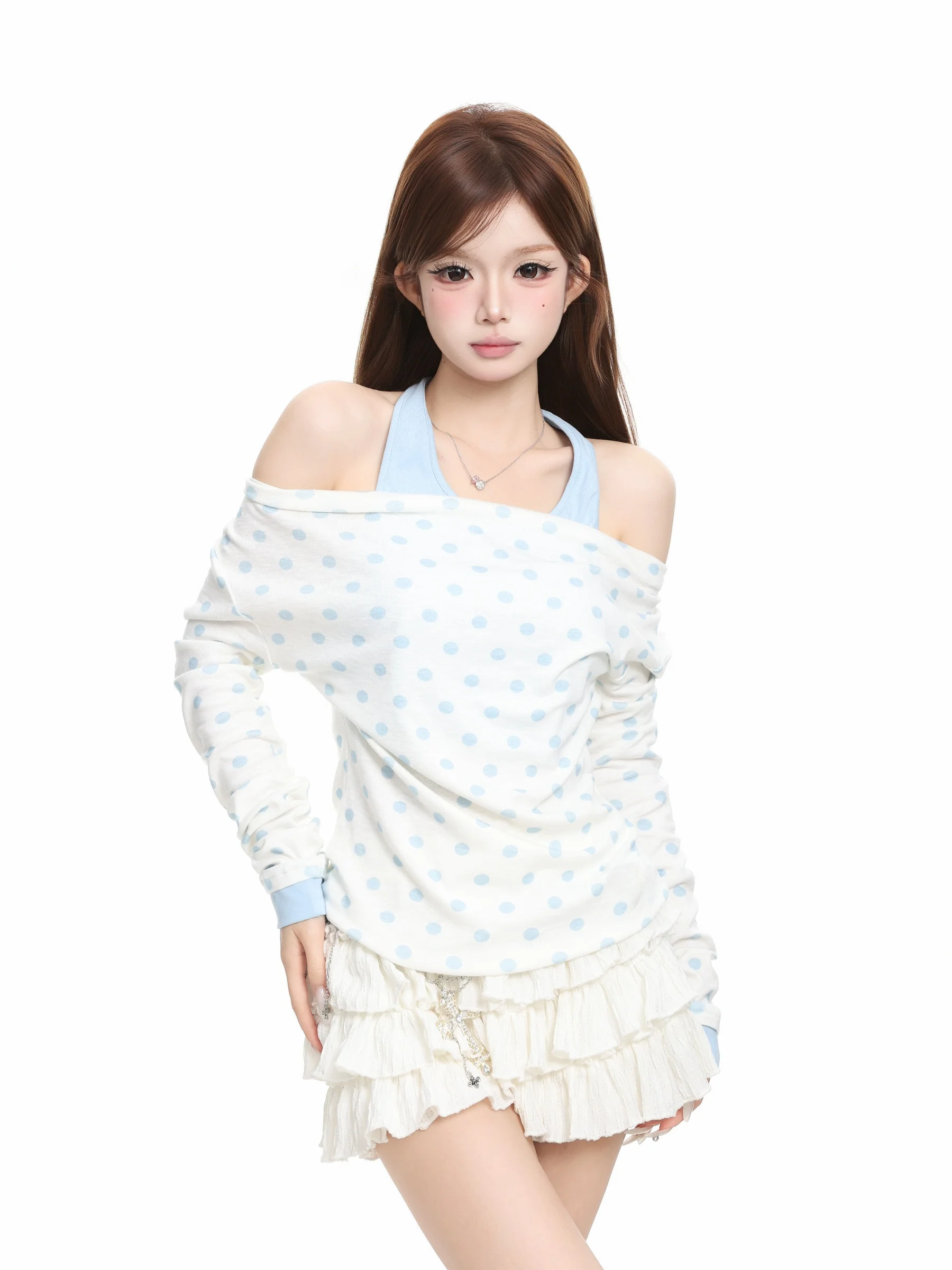 BASTERDS Sweet Style Long Sleeve Polka Dot T-Shirt Women's Autumn Waist Cinching Slimming Base Shirt Top Korean Version Cotto...