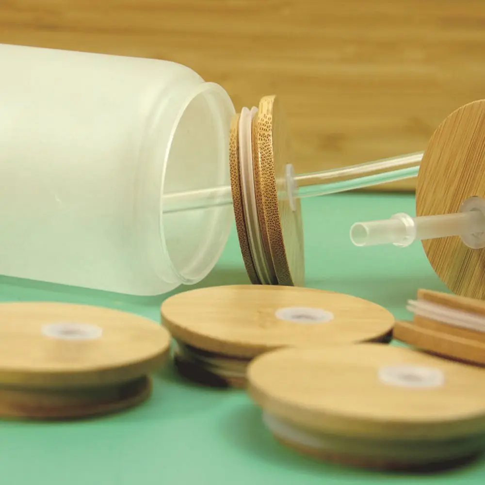 Eco Friendly Storage Bottles Silicone Seal Ring Mason Jar Lid Wide Mouth Cup Bamboo Wood Lids With Straw Hole