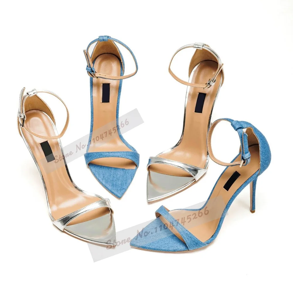 Sandali con tacco alto a punta opaca nuda Sandali eleganti con cinturino con fibbia alla caviglia Tacchi a spillo Décolleté a fascia singola Tacchi in denim blu