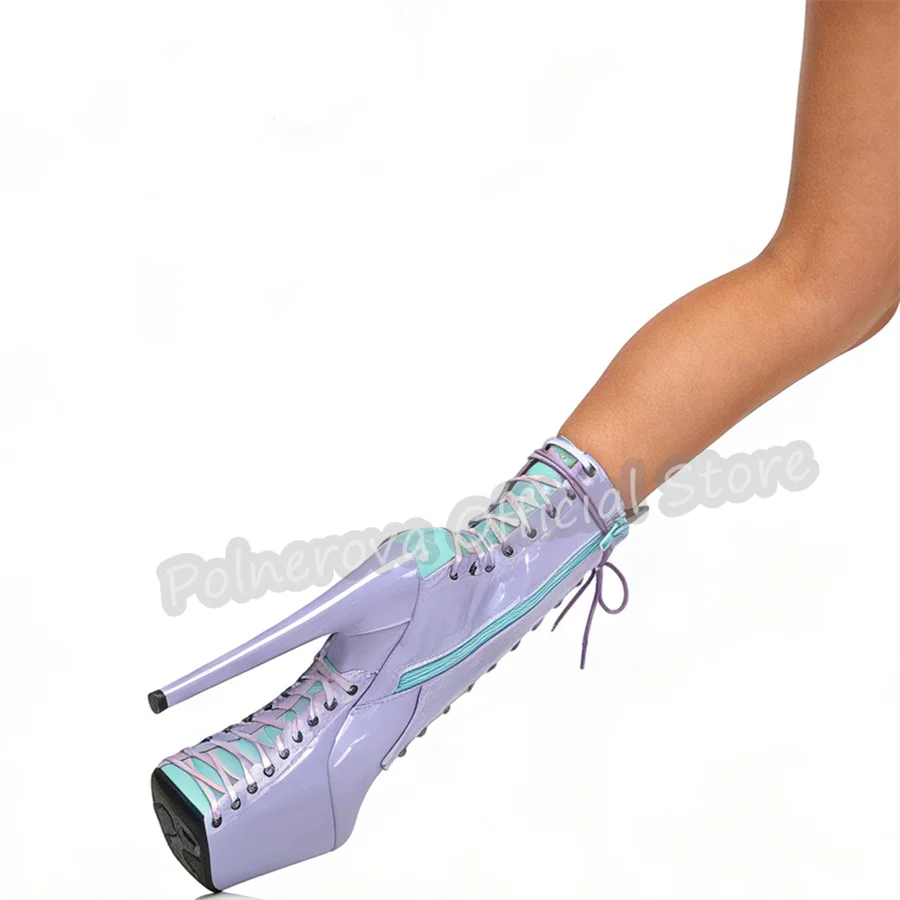 

Mixed Color 20cm Super High Heel Cross-Tied Ankle Boots Women Chunky Platform High Top Lace-Up Boots Lady Pole Dance Dress Shoes