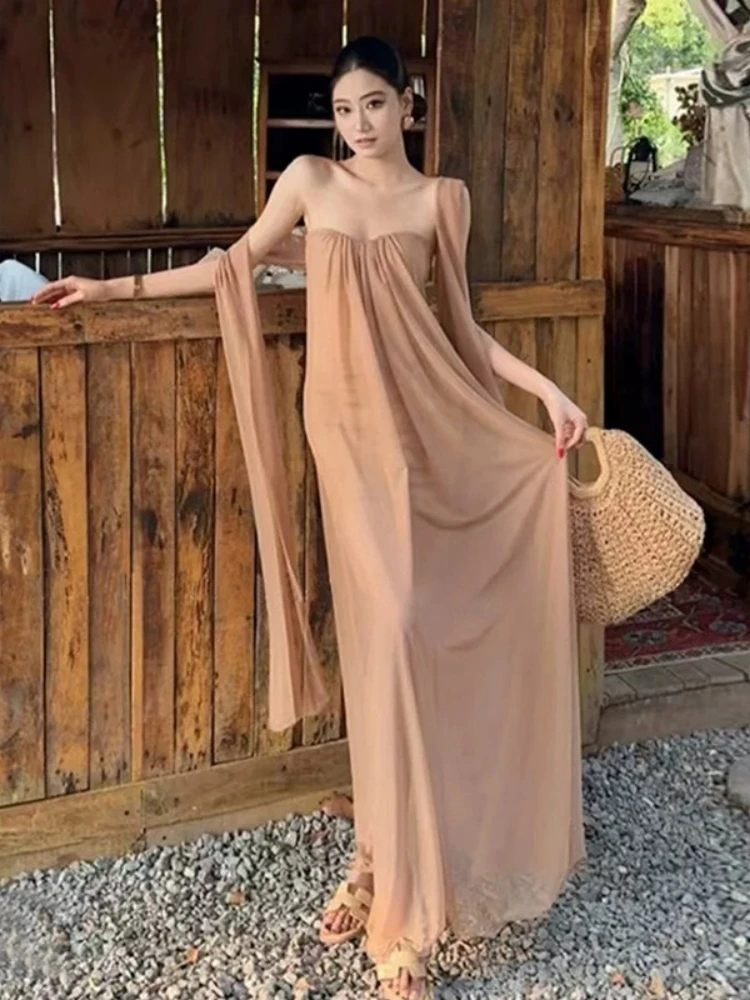 

Strapless Long Dress For Women Beach Style Solid One Piece Sexy Streetwear Sleeveless Vestidos De Mujer See Through Summer Dress