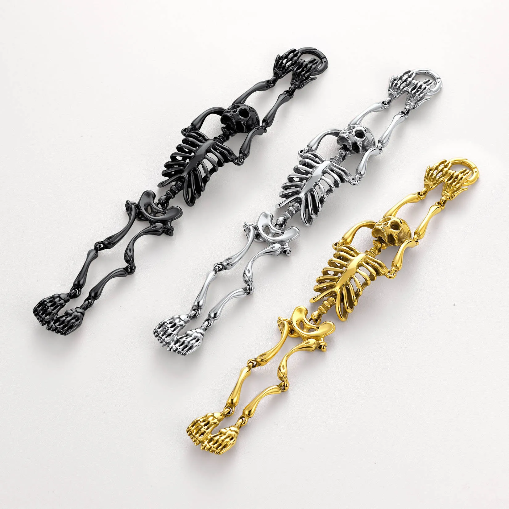 U7 Stainless Steel Gothic Skull Bracelet for Men Steampunk Heavy Skeleton Wristband Chains Halloween Party Accessories