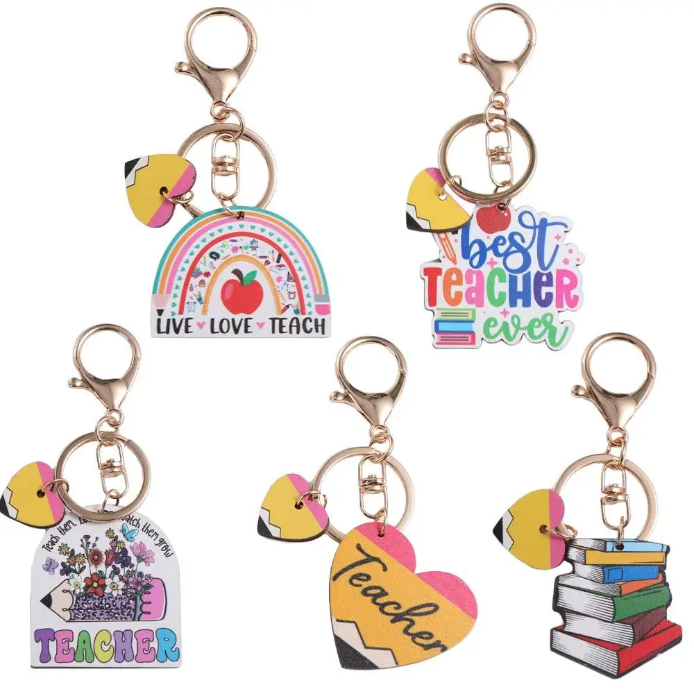 Wooden Pencil Rainbow Keychain Geometric Shape English Letter Teacher's Day Keychain Art Charm Teacher Education Pendant