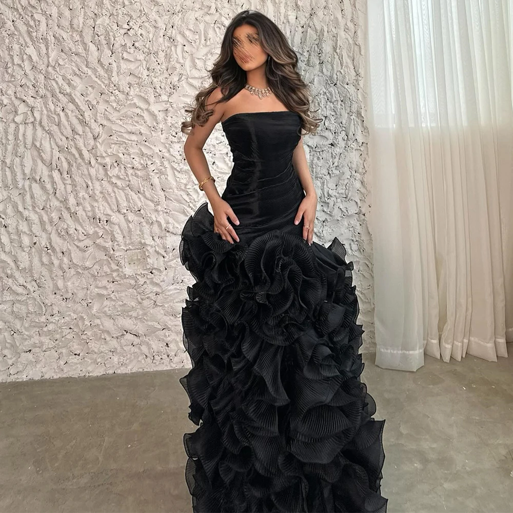 

Chic Women's Evening Ball Gowns Organza Sheath/Column Celebrity Dress Black Strapless Ruffles Pleat Birthday Party Dress Long