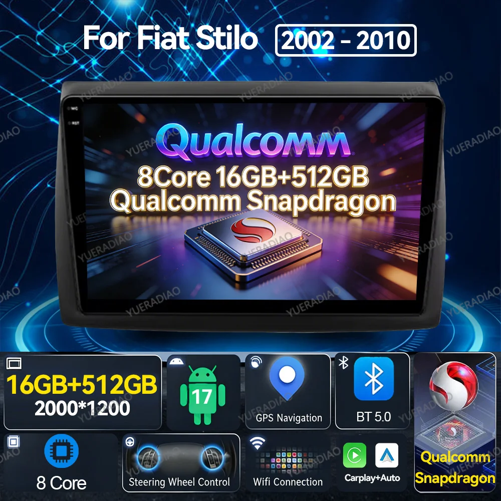 Android 17 Car Radio For Fiat Stilo 2002 2003 2004 - 2010 Carplay Auto Multimedia Stereo Video Player GPS NAVI QLED WIFI 4G 2DIN