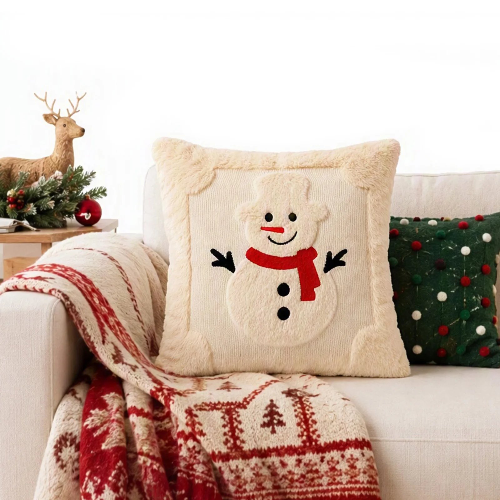 for SNOWMAN Plush Cushion Cover 18x18 Inch Christmas Holiday Throw Pillow Case Soft Velvet Sofa Bed Decor