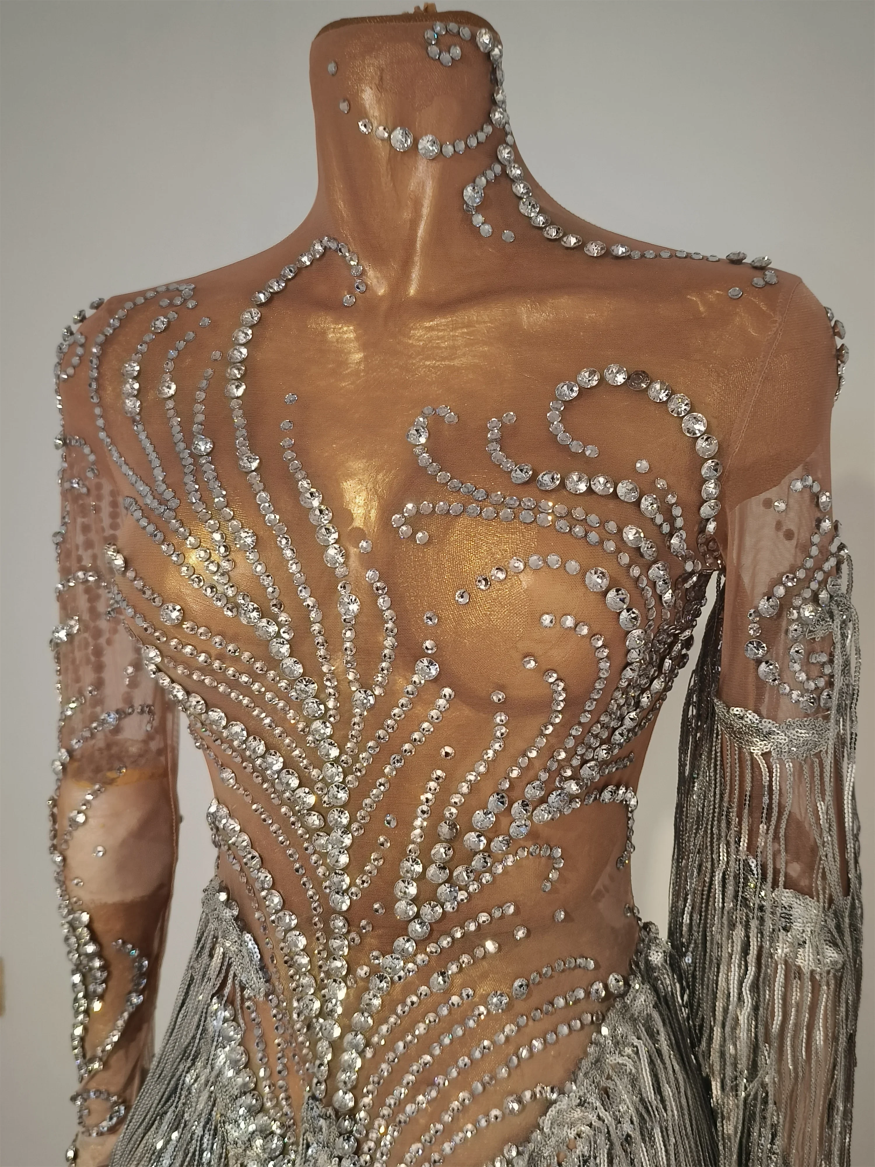 Show Girl Kostüm Luxus Party OutfitSparkly Kristall Perle Frauen Sexy Quaste Bodycon High Split Feiern Prom Outfit Geburtstag D