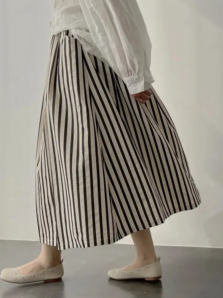 

Ретро-юбка А-силуэта с полосатой текстурой, женская, с завышенной талией, стройнящая, струящаяся, весенне-осенняя, из хлопково-льняной смеси