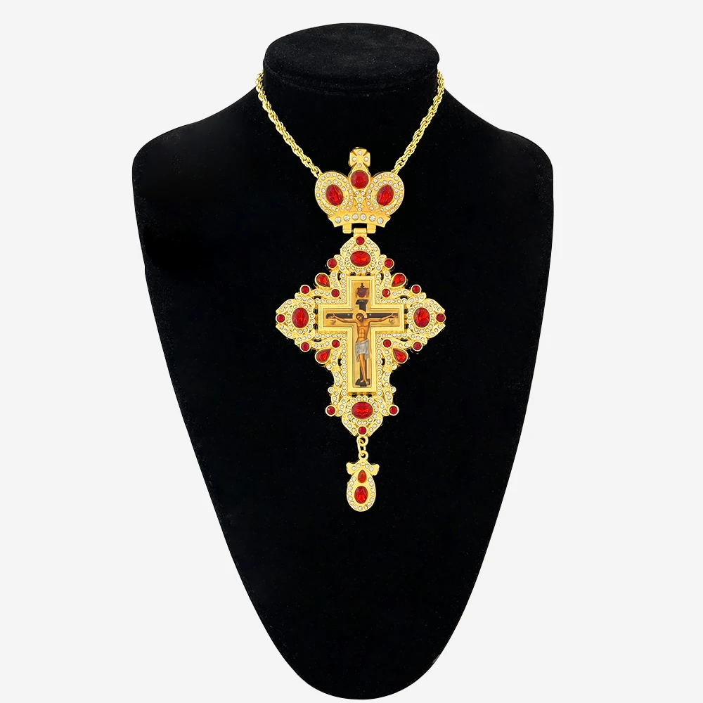 New 2026 Gold Plated Orthodox Pectoral Cross Necklace with Red Gemstones Crown & Jesus Icon for Christian Clergy Liturgical Wear view 2