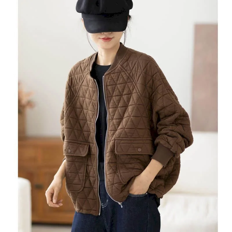 

Quilted Coats Women Elegant Lightweight Cotton-padded O-neck Jackets Long Sleeve Casual Thickened Loose Zipper Women Clothing