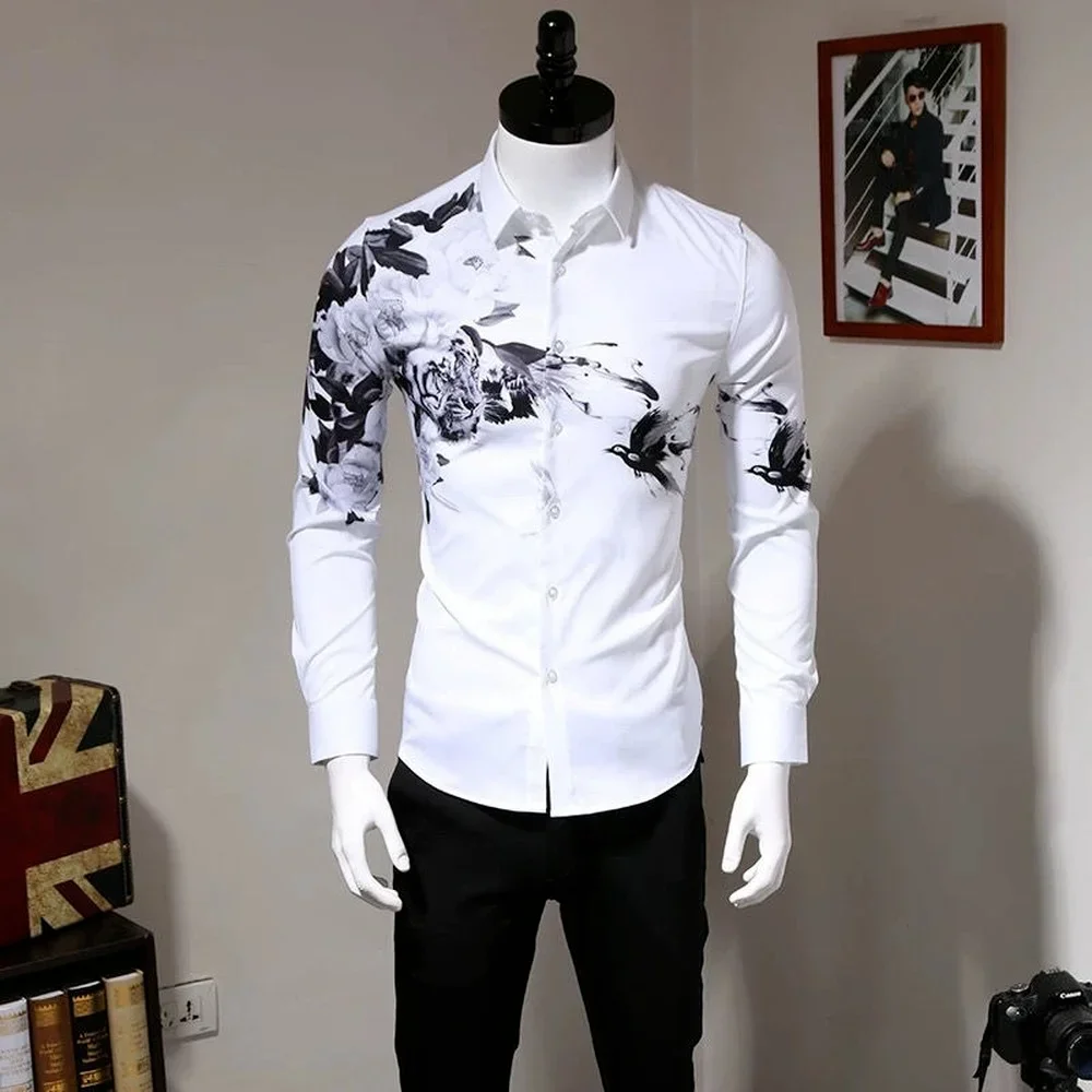 Summer White Men\'s Shirts, Lapel Button-up Shirts, Youth Trend Bird Digital Printing Free Ironing Long-sleeved White Shirts