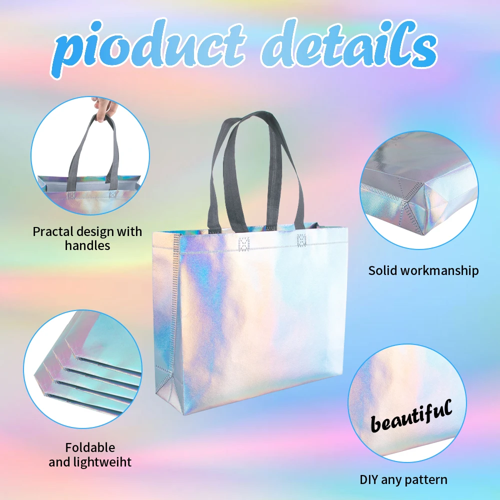 حقيبة تسوق بقالة قزحية اللون ، حقيبة حمل قابلة لإعادة الاستخدام ، أكياس هدايا ، ذهب وردي ، لامع ، زفاف ، ديكور حفلة عيد ميلاد ، 6 * ، 12 * #4