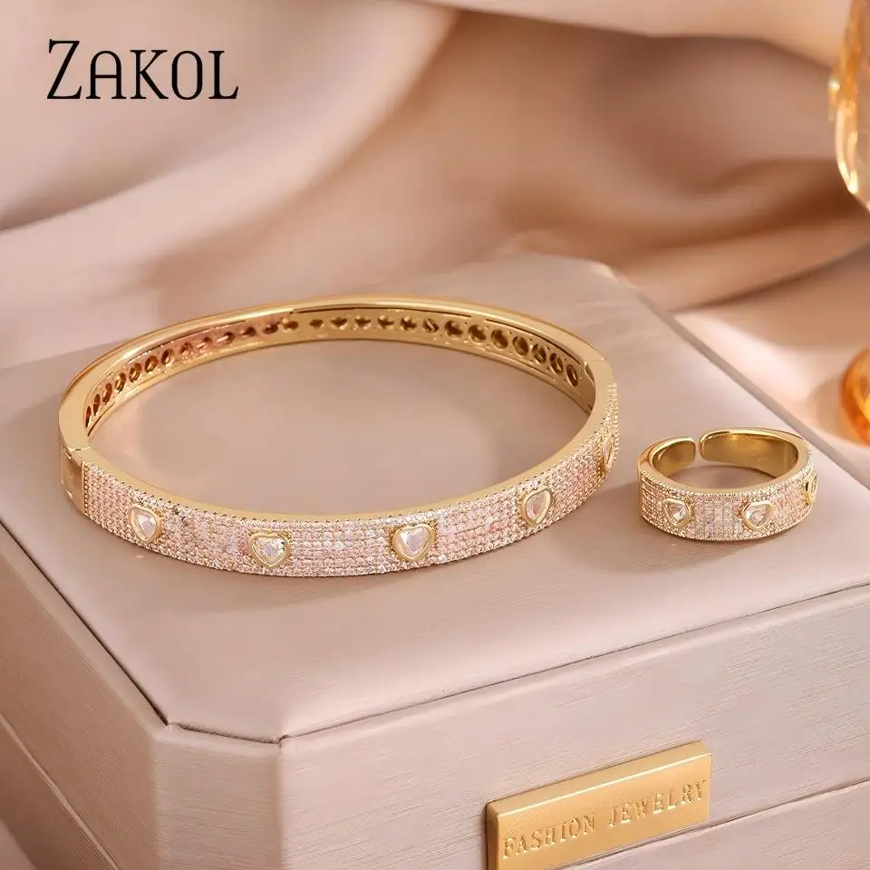 ZAKOL New Nickel Free Micro Paved Heart Cubic Zirconia Bracelet Ring Set For Women Luxury Bridal Wedding Party Jewelry Gift