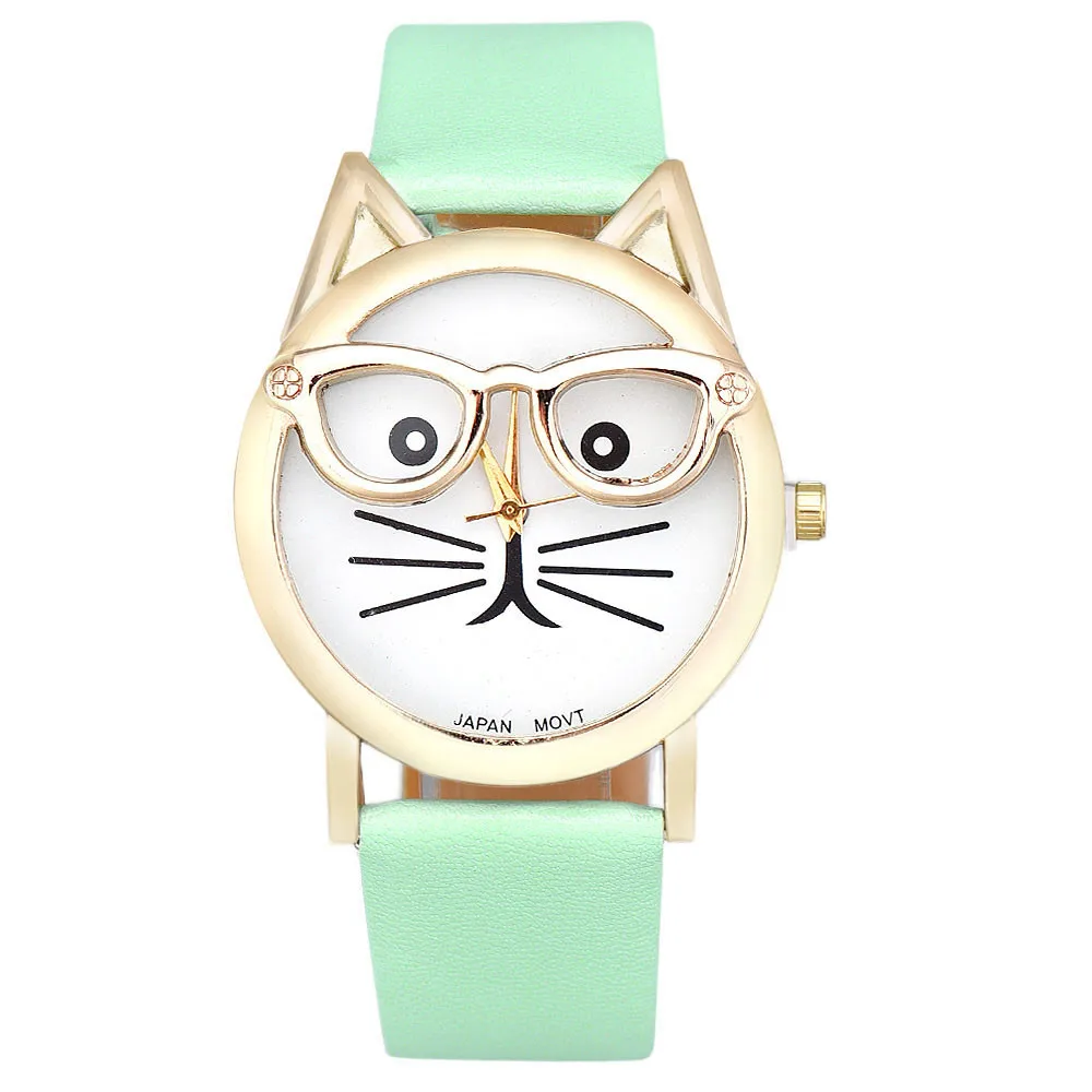 Relojes de cuarzo con correa de cuero para Mujer y niña, relojes de pulsera informales con diseño de gato y gafas bonitas, a la moda