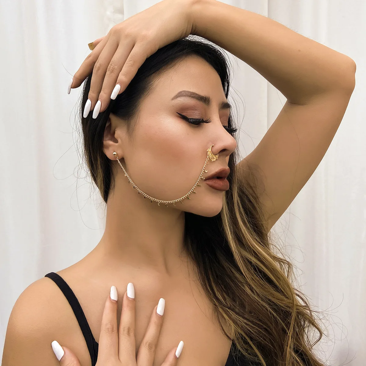 Jewelry, creative ethnic metal earrings, simple moon fringe chain, stud earrings and nose clip integrated chain