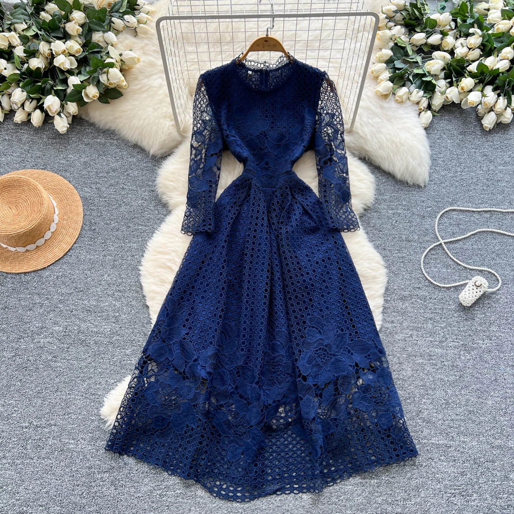 

Elegant hollow out long sleeve Ruched Vintage Chic Slim Ball Gown Dresses French Evening High Street Clothing