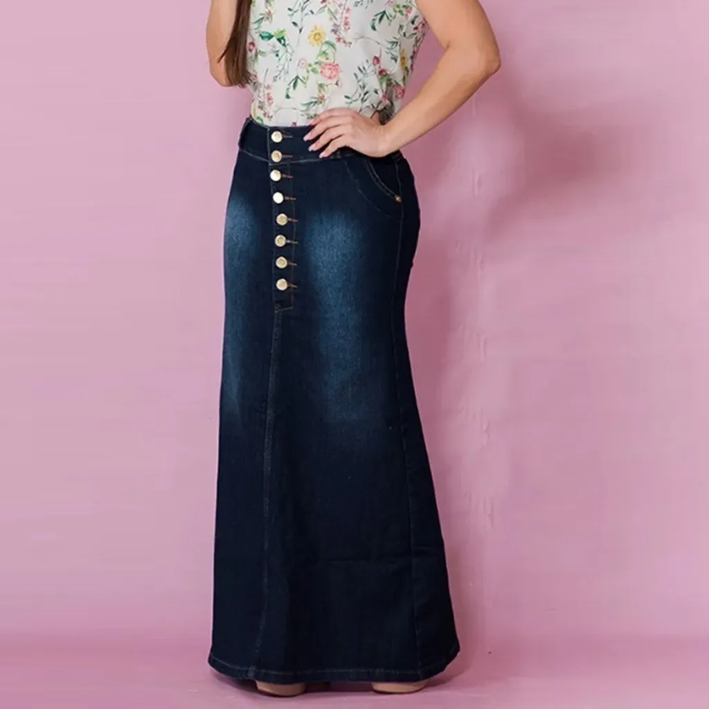 Front Button Washed Denim A-line Skirts For Teen Girls High Waisted Long Jean Skirt For Women Midi Length Faldas Mujer Moda 2024