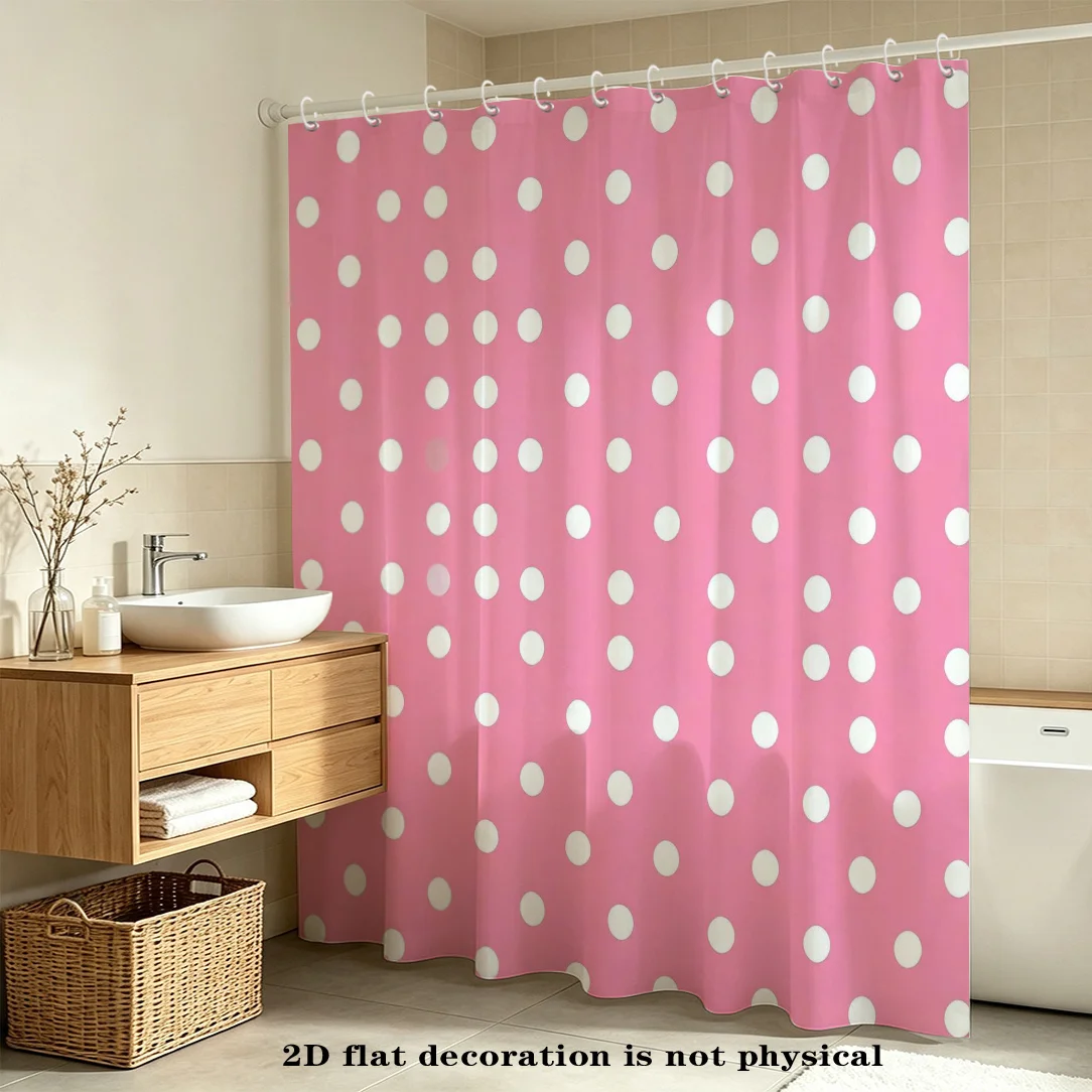 2D Flat, 1pc FENGMINYI Pink Polka Dot Shower Curtain Suitable for Small Bathrooms, Sweet Pink Dots with Hooks, Washable Curtain