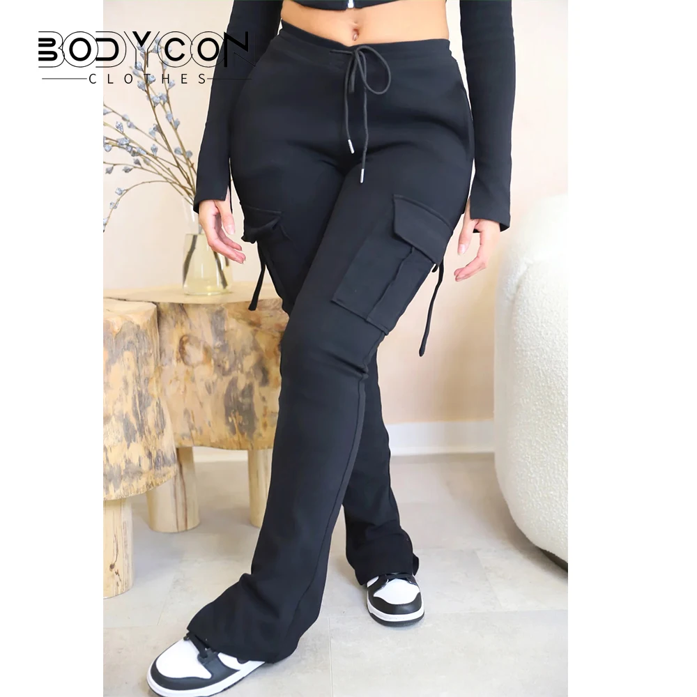 

Women Fashion Split Hem Pocket High Waist Casual Flared Cargo Pants Drawstring Stacked Trousers Vintage Sweatpant Y2k Streetwear