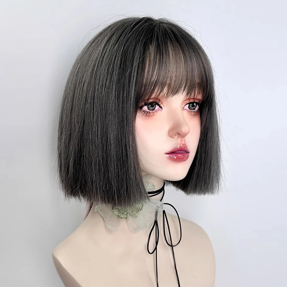 VICWIG Short Bob Gray Straight Synthetic Wig with Bangs Fluffy Lolita Cosplay Women Hair Wig for Daily Party