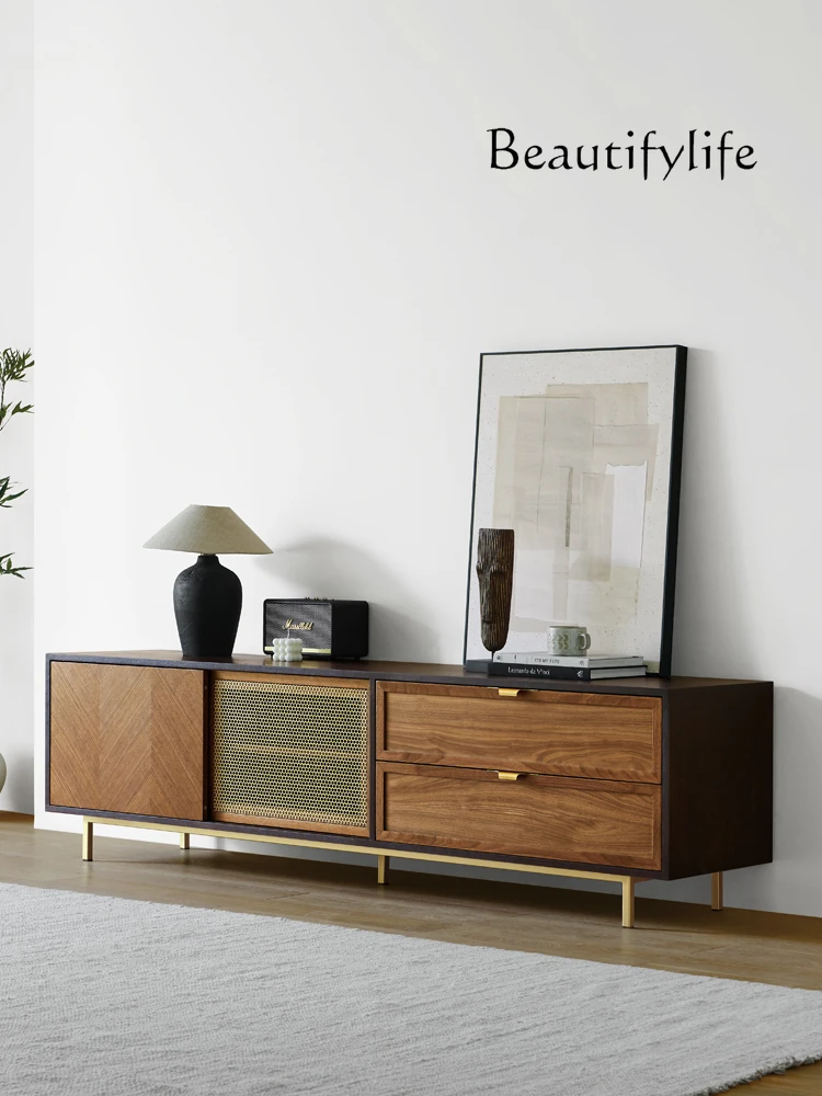 Nordic retro TV cabinet combination modern simple light luxury walnut color medieval TV cabinet