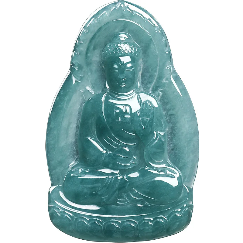 Natural Emerald Blue Water Amityabha Buddha Jade Pendant, Ice-Clear Gemstone, Fashionable and High-End, Unisex Style