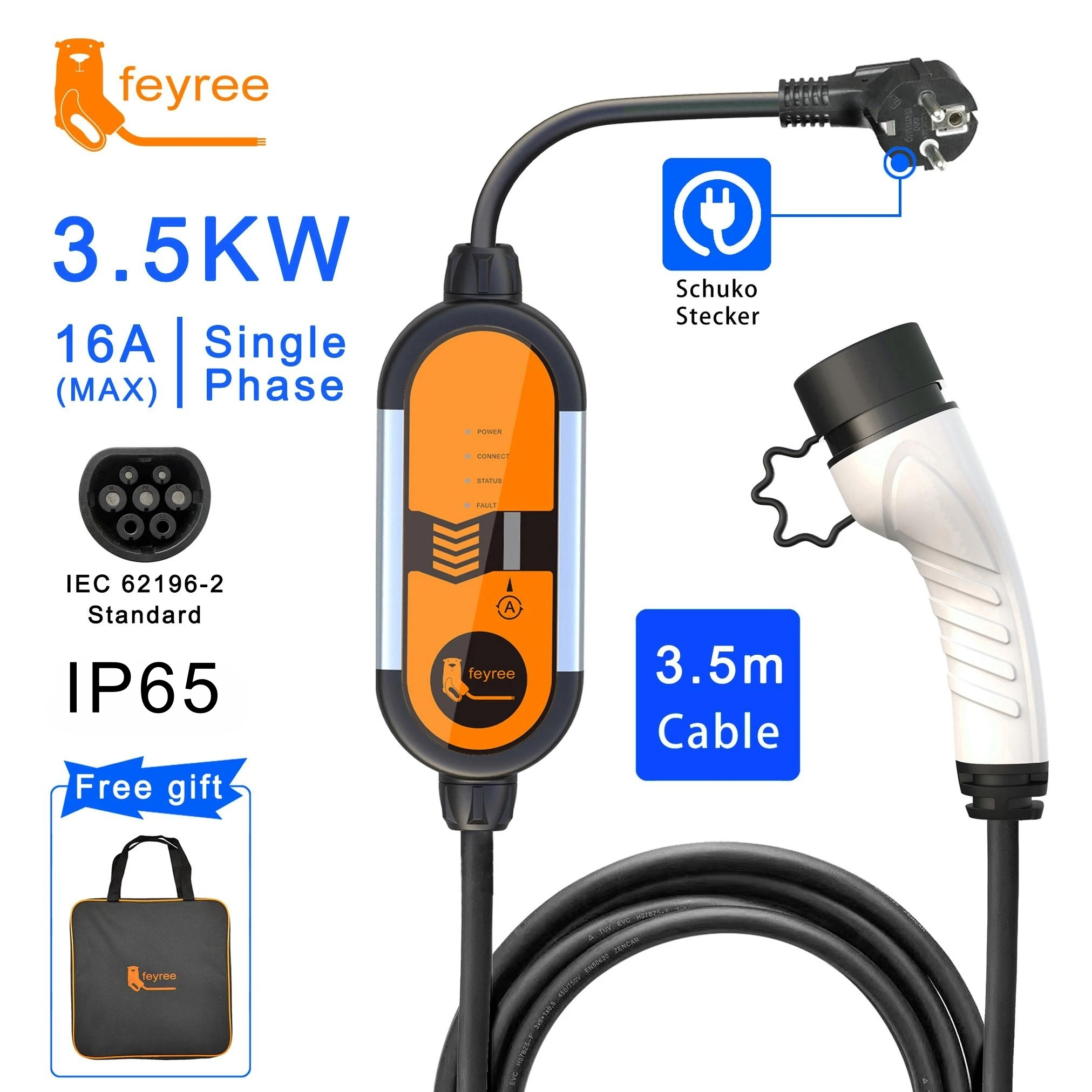 

feyree EV Charger Type2 Cable Portable EVSE Charging Box Adjustable Current 16A 3.5KW Electric Car Charger IEC62196 Schuko Plug