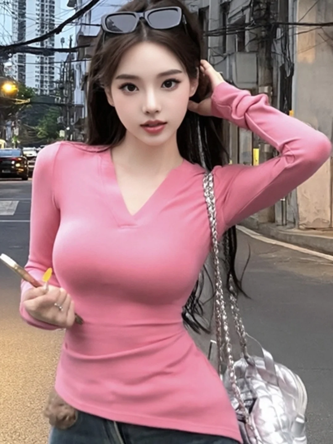 

Korean Style Long Sleeve T-Shirt Women's V-neck Tight Fit Short Top Breathable Skin-friendly Polyester Fiber Autumn Wear