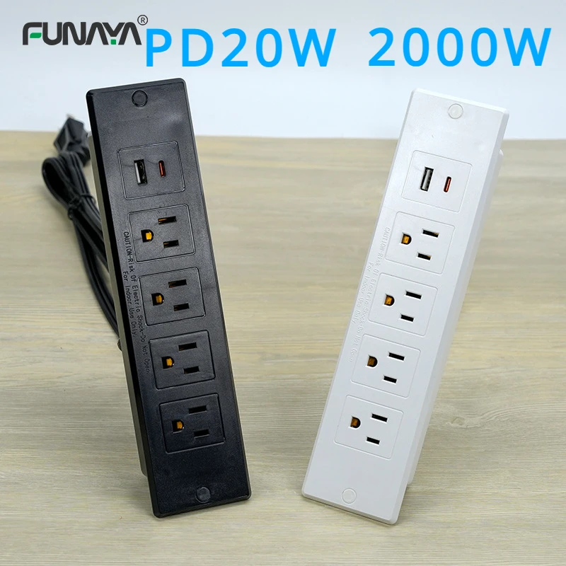 

US Hidden Table Embedded Socket 4 outlets with USB Type C PD20W 2000W 15A White Black Power Strip Furniture Sofa office Sockets