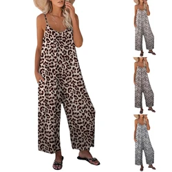 Menina sem mangas macacão feminino leopardo impressão macacão verão perna larga calça macacão dropship