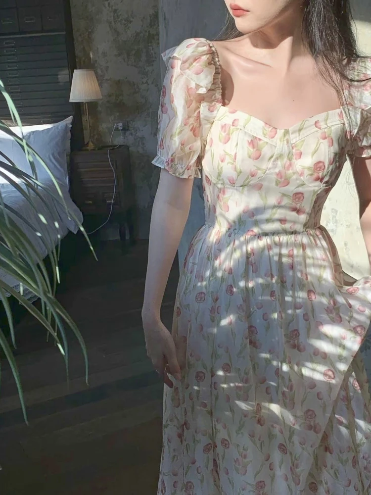 Zomer Bloemenprint Elegante Jurk Vrouwen Frankrijk Vintage Avond Party Midi Jurken Vrouwelijke Bladerdeeg Mouw Koreaanse Zoete Jurk 2023 Nieuwe