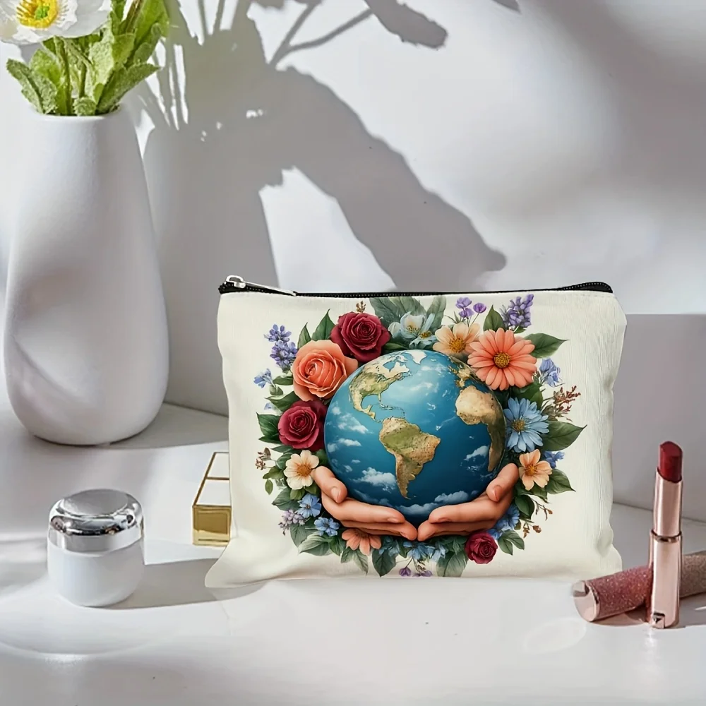 Un sac de maquillage Terre et floral - pochette multifonctionnelle à fermeture éclair, sac de rangement de bijoux, petit sac de rangement à fermeture éclair de voyage parfait.