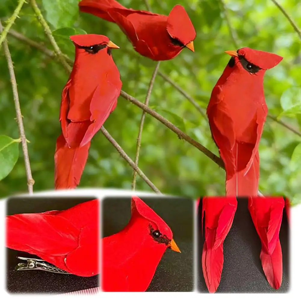 3 Pcs Artificial Red Feather Bird,Modern Jungle Garden Home Decoration,Hanging Ornament for Room and Garden Holiday Decoration
