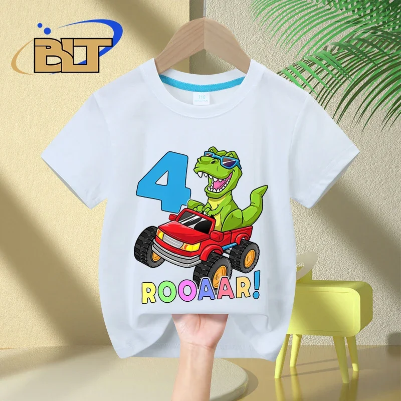 Verão t-shirt com impressão de dinossauro para crianças, algodão t-shirt de manga curta, 4 anos, presente surpresa