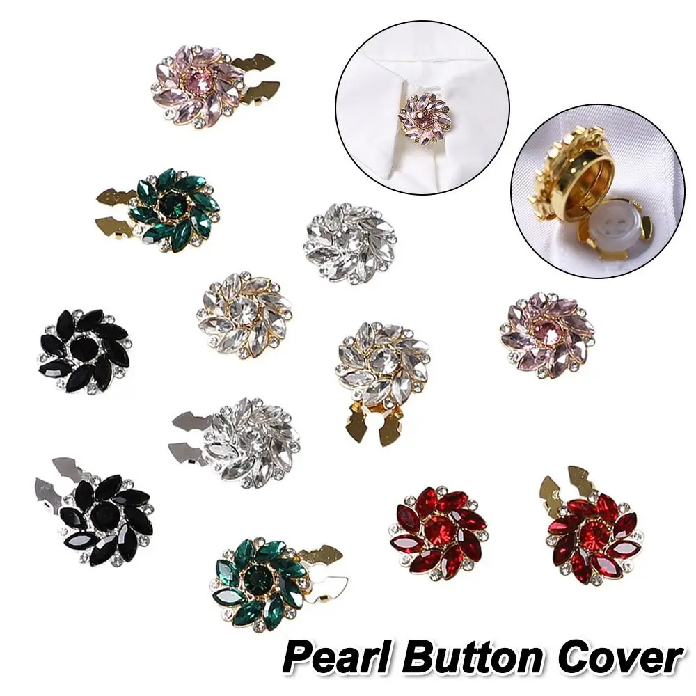 1PC DIY Sewing Pearl Flower Button Covers Alloy Golden Base Shirt Button Clip Detachable Clip-On Handwoven Rhinestone Cufflinks