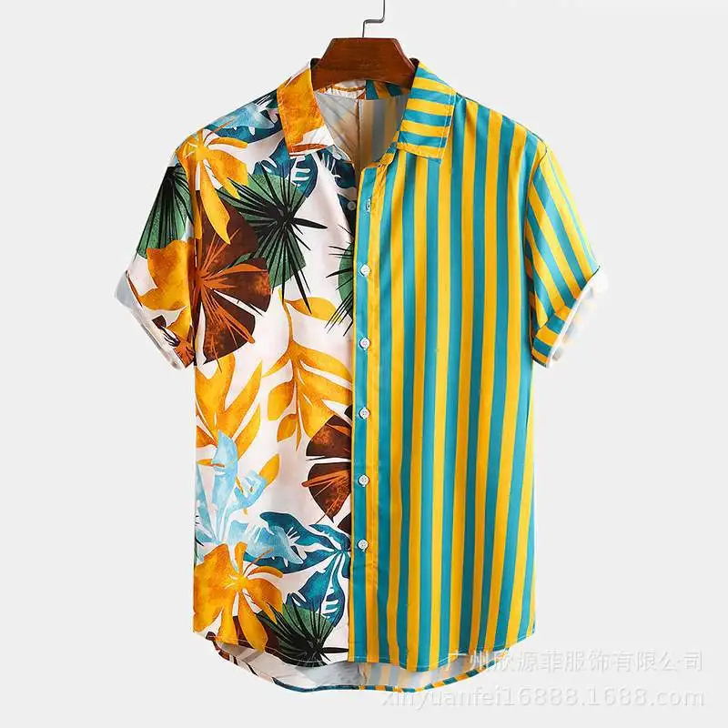 

Young Men Spring and Summer Explosive Hawaiian Fashion Printed Short-sleeved Shirt Street-striped Beach Shirt for Men and Women