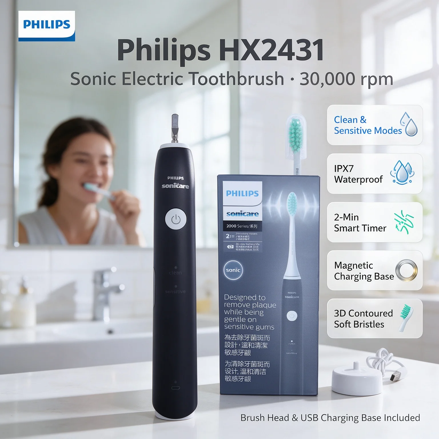 Philips Philips HX2431 Electric Toothbrush Rechargeable IPX7 Waterproof 2 Modes Soft Brush For Men Women Oral Care - Aliexpress Deal