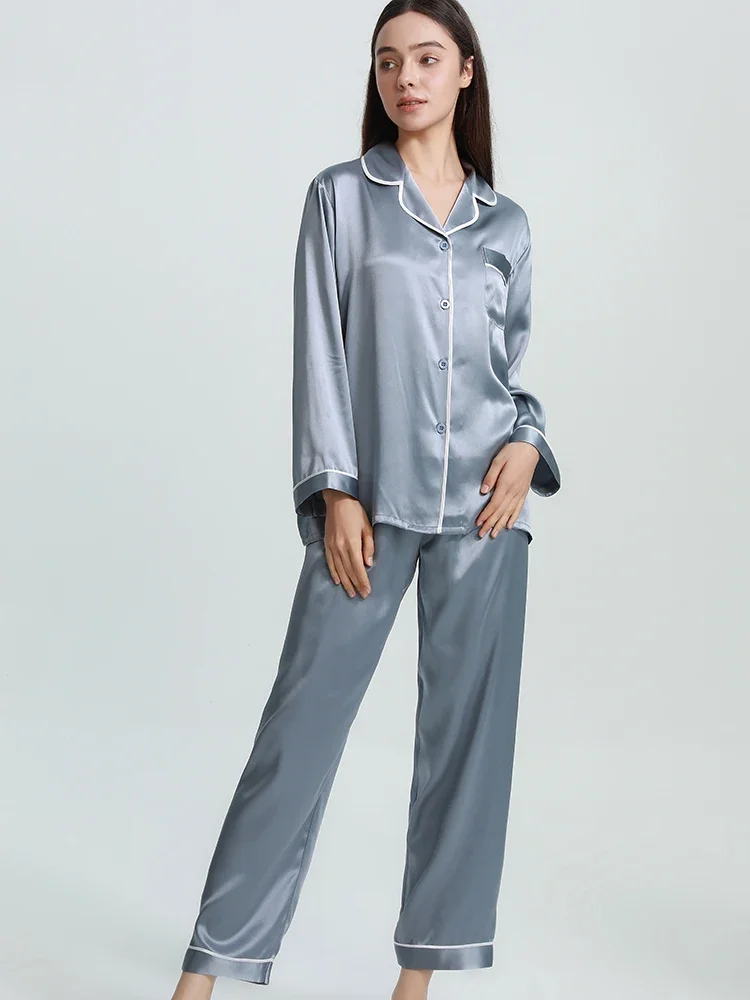 

Женские двухсекционные пижамы из 100% тутового шелка, 22 мм, брюки с длинными рукавами, ночная рубашка, весенне-осенняя рождественская пижама, домашняя одежда PJ
