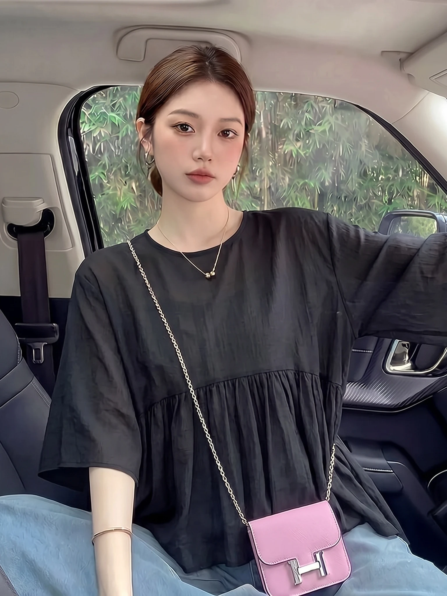 Black Lace Hem Short Sleeve T-Shirt Women's Summer New plus Size Conceal Belly Commute Top Korean Style Loose Fit round Neck