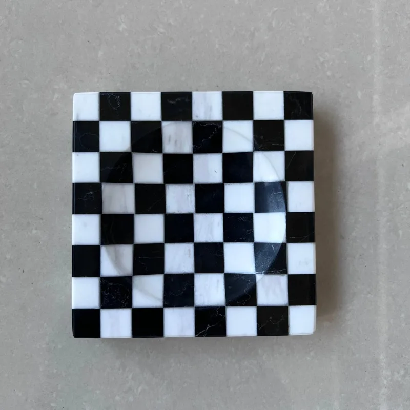 Decorative100%Natural Stone Marble Home Decor Check Mosaic Grid Serving Tray Jewelry Plate Ornament