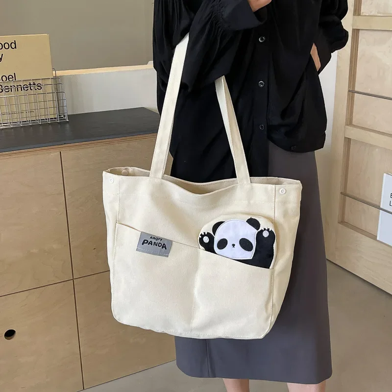 Cute Panda Canvas Shoulder Bag  Women's Large Capacity Commuter Tote Bag Cartoon Fashion Tote  Travel Bag