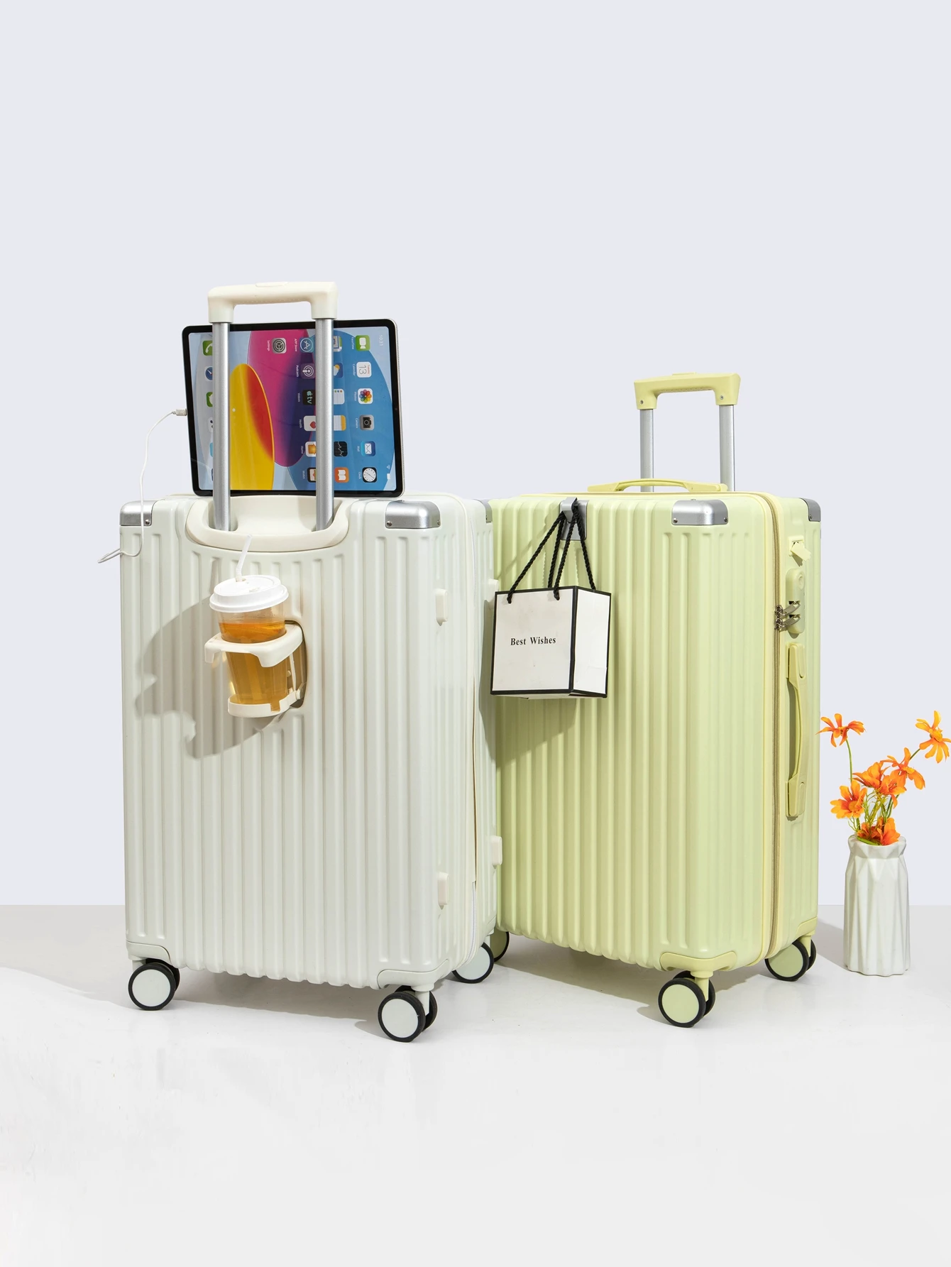 Luggage compartment with 20/24/26  USB charging compartment and cup holder with hooks in front handheld password lever luggage