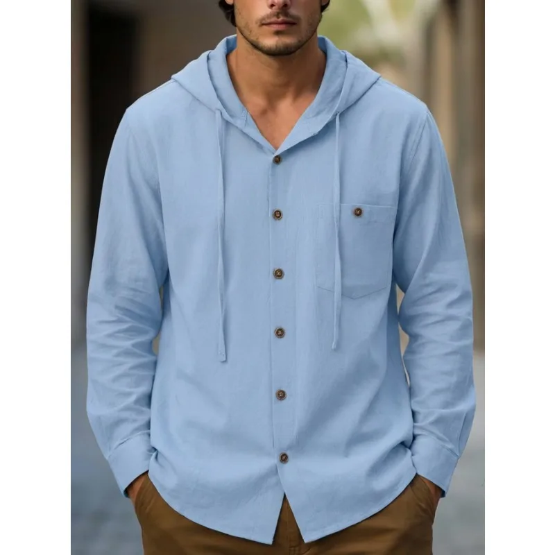 Men's Casual Button Down Hooded Shirt Long Sleeve Cotton Blend Drawstring Top with Pocket