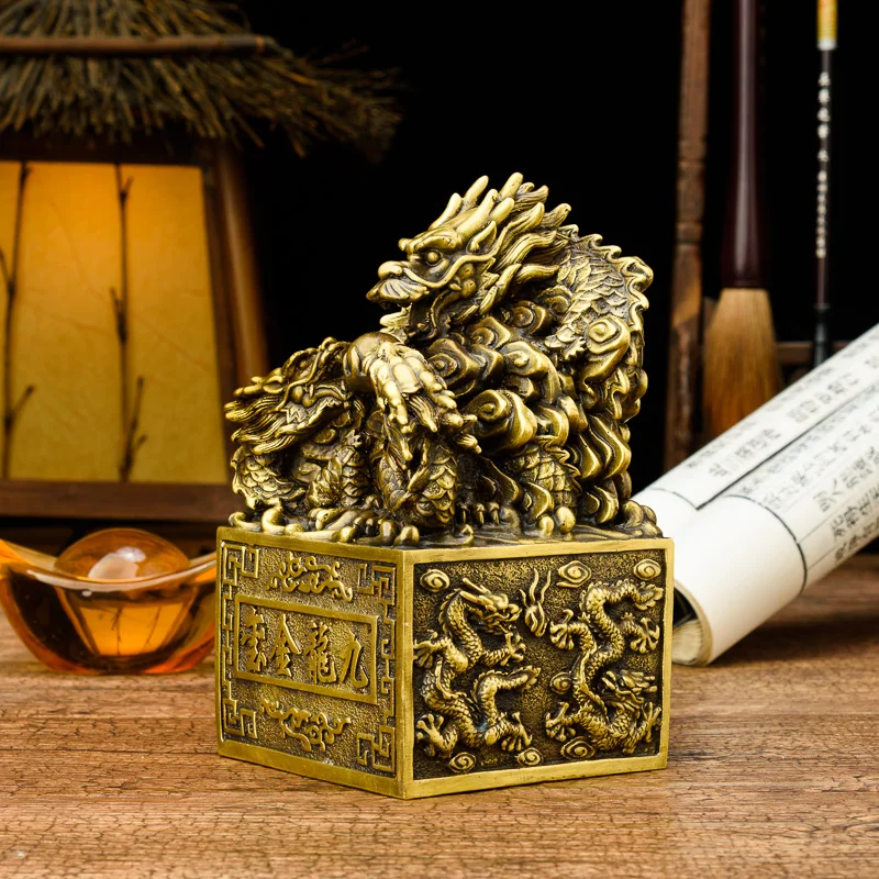 Golden Dragon Statue Emperor Nine Dragons Jade Seal Seal Sculpture Brass Chinese Dragon Seal Home Decoration Dragon Beast Crafts