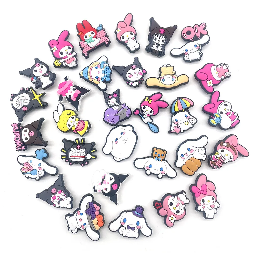 Sanrio Random 15/30pcs set Kuromi Melody Cinnamoroll series for Shoe Charms Cute Clog Decor Detachable DIY Footwear Ornaments