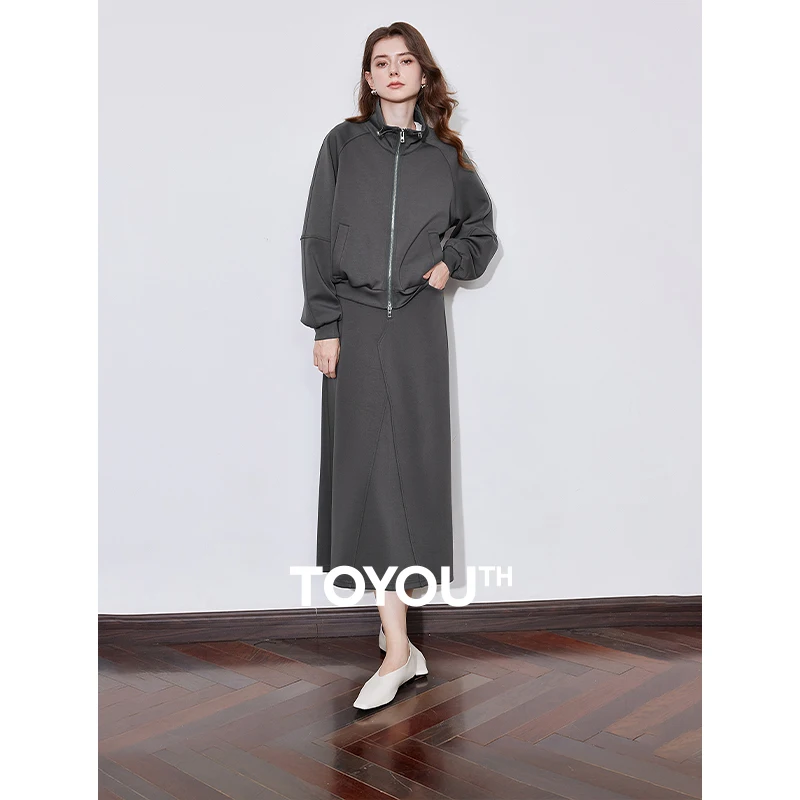 

TOYOUTH Women Two Piece Sets 2025 Spring New Skirt With Hoodies Sweatshirt Sport Casual Sets Dark Gray